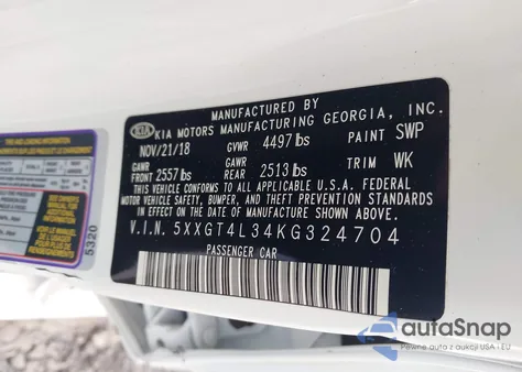 2019 Kia Optima S из США, поврежденный, VIN 5XXGT4L34KG324704